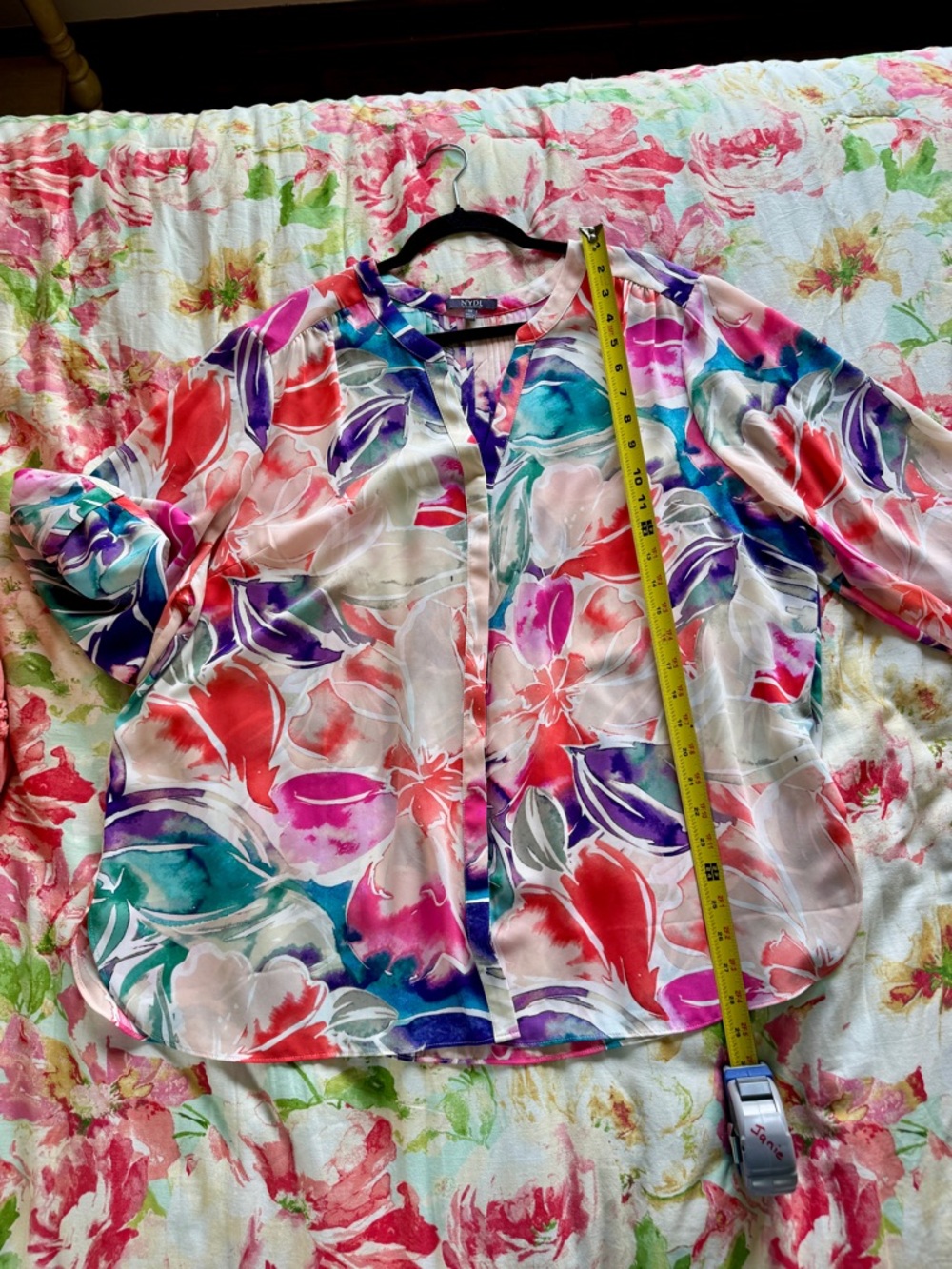 NYDJ Pintuck Floral Blouse with Pink, Coral & Teal Accents - Picture 12 of 13